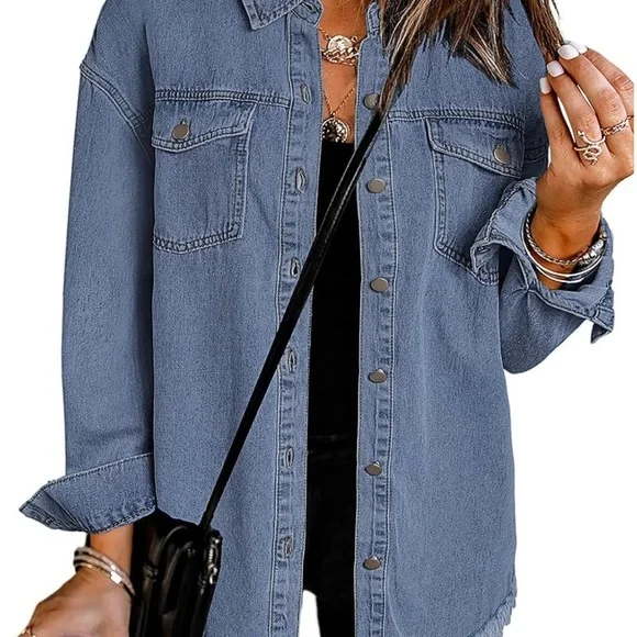 Denim Button-Up Shirt with Frayed Hem - Picture 5 of 12